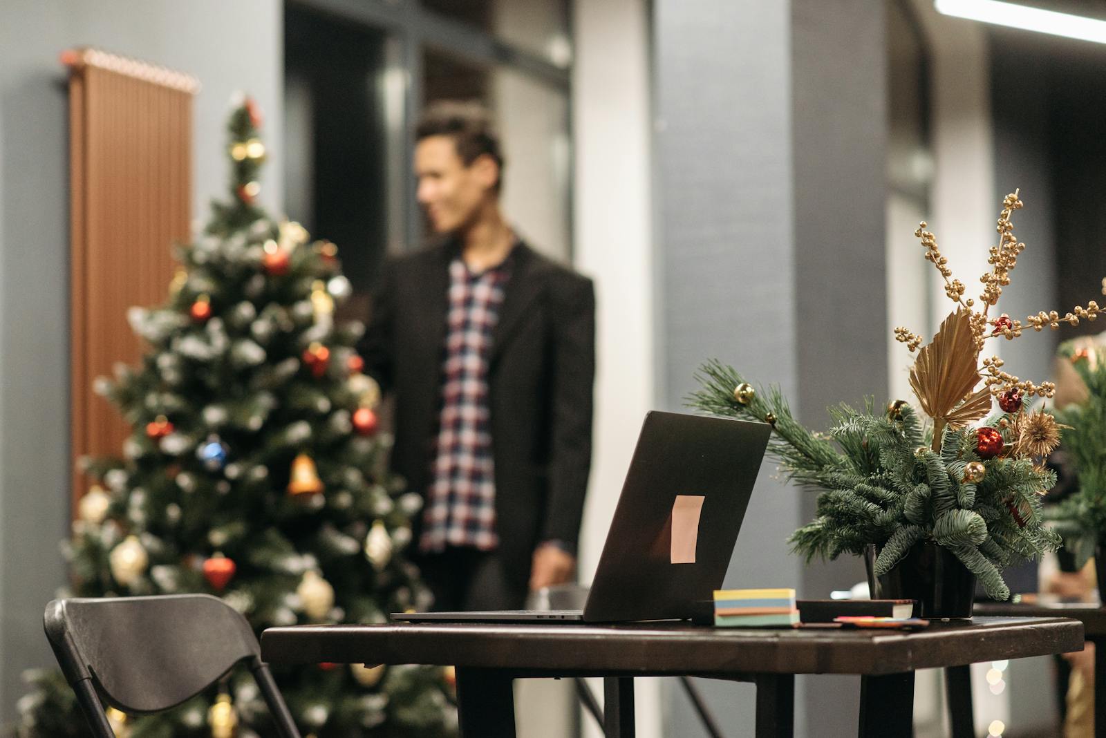 Festive office scene with recruiters, HR, and payroll celebrating Christmas.